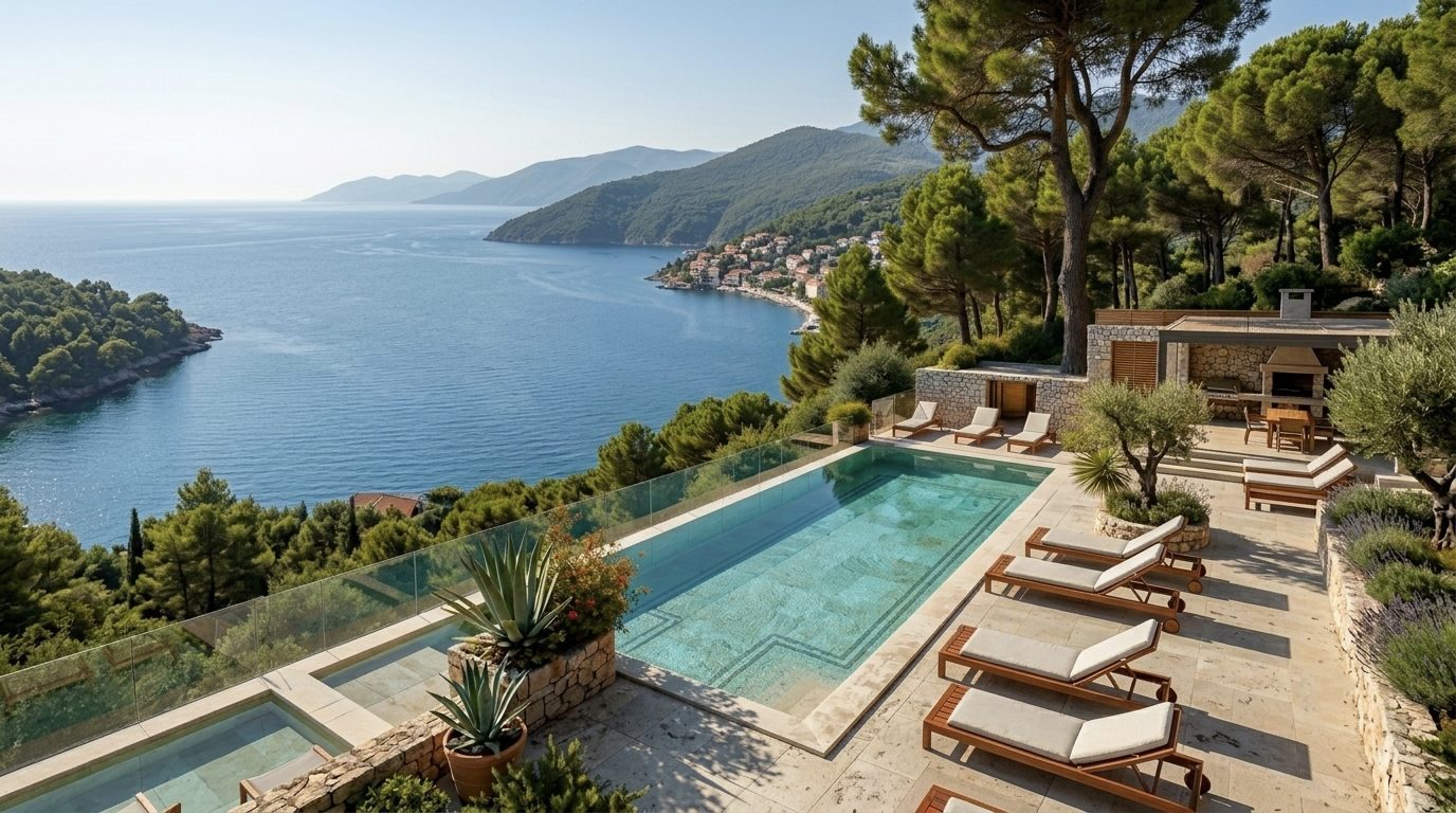 Piscine en travertin avec vue mer — CDM Stone Marseille
